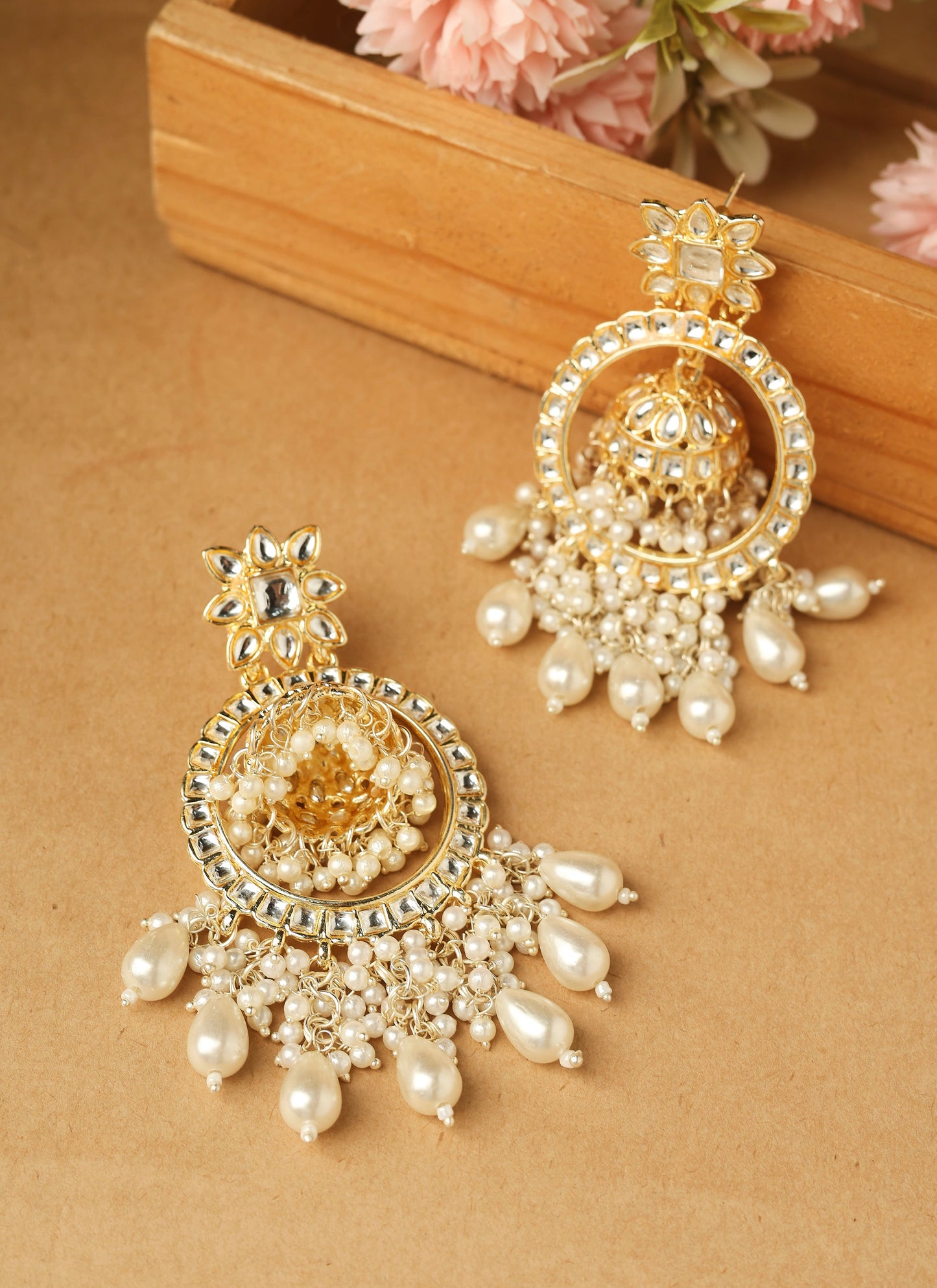 Unique American Diamond Jhumka Dangler Earrings with Pearl Detail