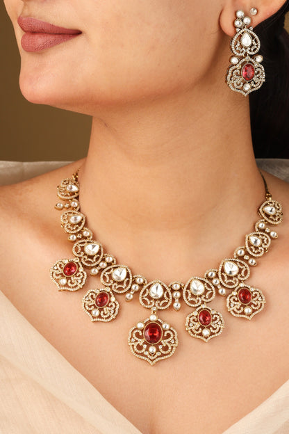 Statement Necklace Set with Red Stones and Kundan Stones