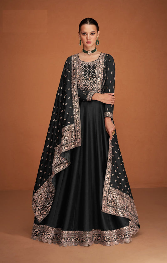 Black Embroidered Premium Silk Anarkali Suit (Semi-Stitched)