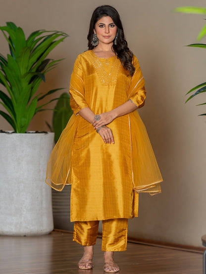 Mustard Silk Blend Embroidered Kurta Pant with Dupatta