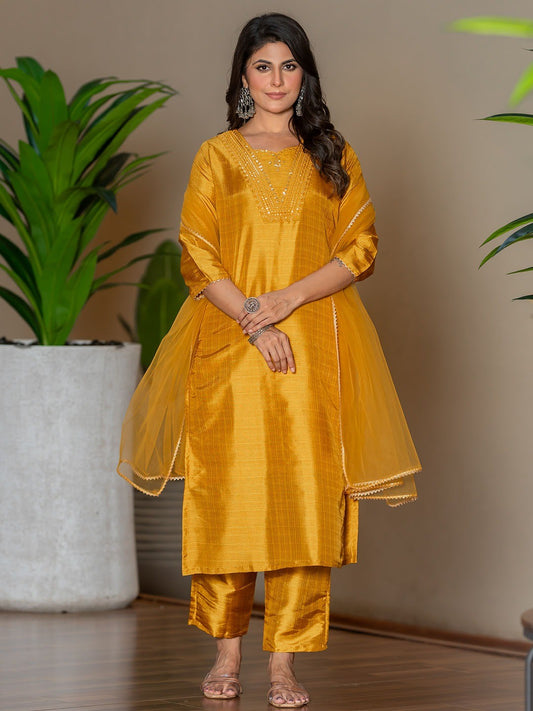Mustard Silk Blend Embroidered Kurta Pant with Dupatta