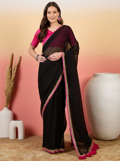 Classic Black Georgette Saree with Vibrant Pink Blouse