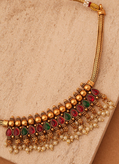 Red and Green Stone Necklace with Golden Jhumkis and Bead Accents