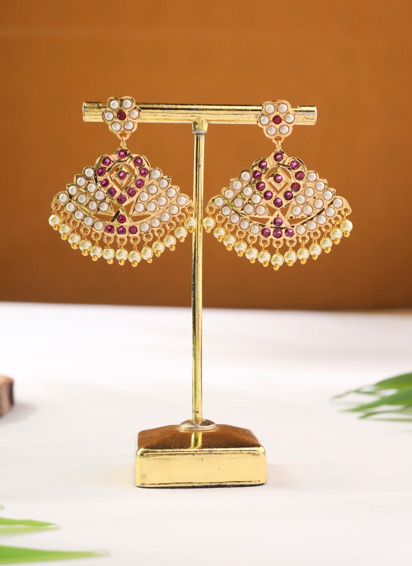 Gold Dangler Earrings with White and Red Stones