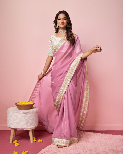 Pastel Purple Organza Embroidered Saree
