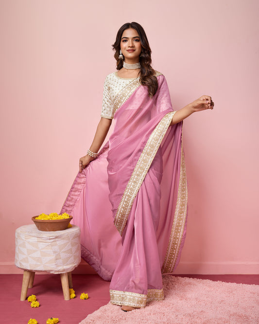 Pastel Purple Organza Embroidered Saree