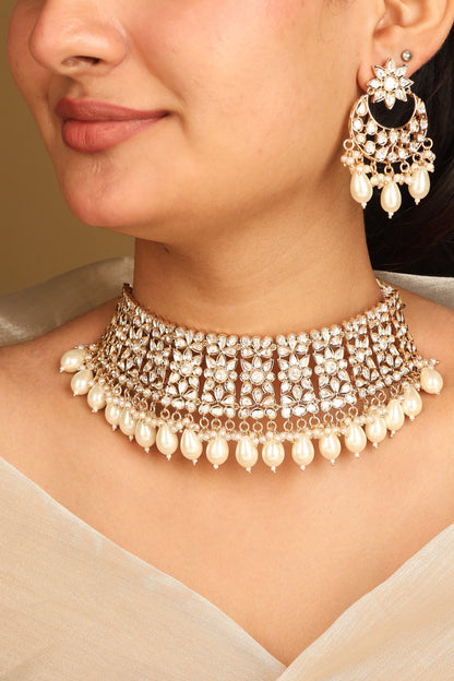 American Diamond High Neck Necklace Set with Pearls