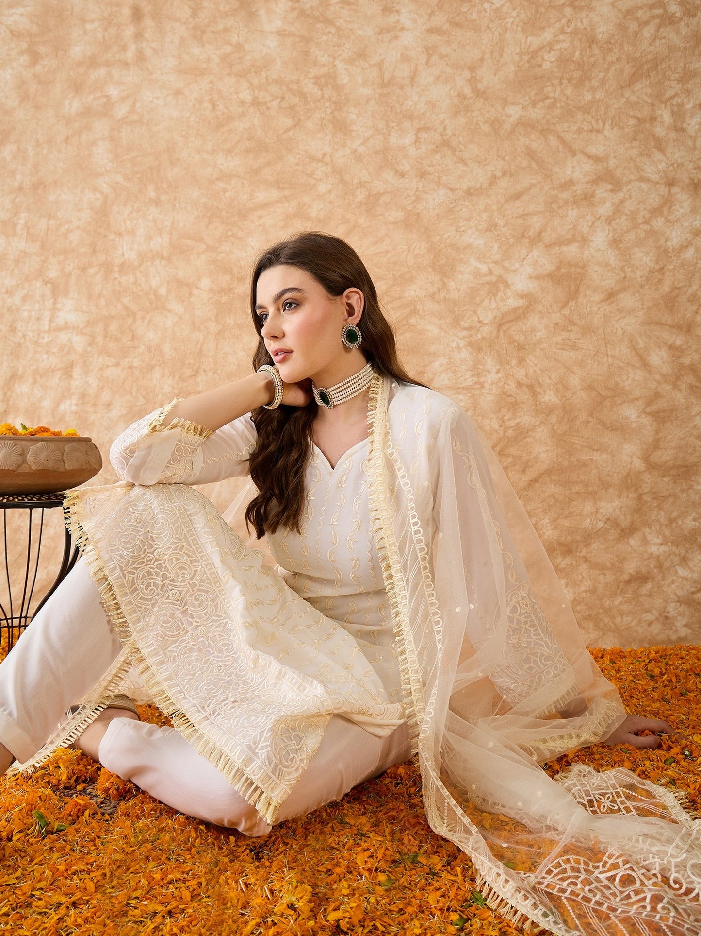 Semi Stitched Pakistani Suit in White Georgette