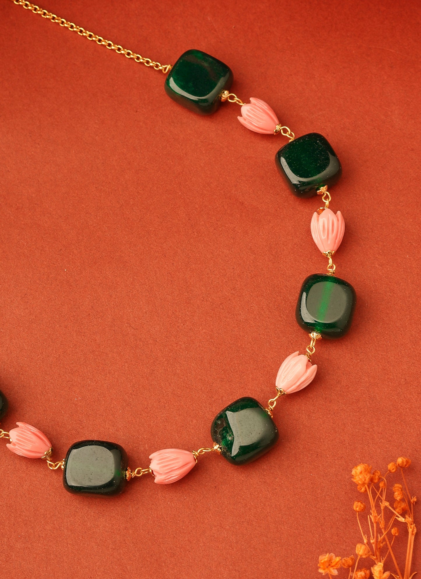 Green Stone Necklace with Rose-Shaped Beads