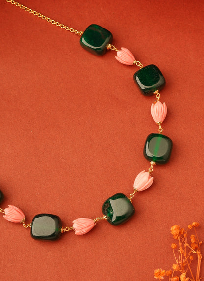 Green Stone Necklace with Rose-Shaped Beads