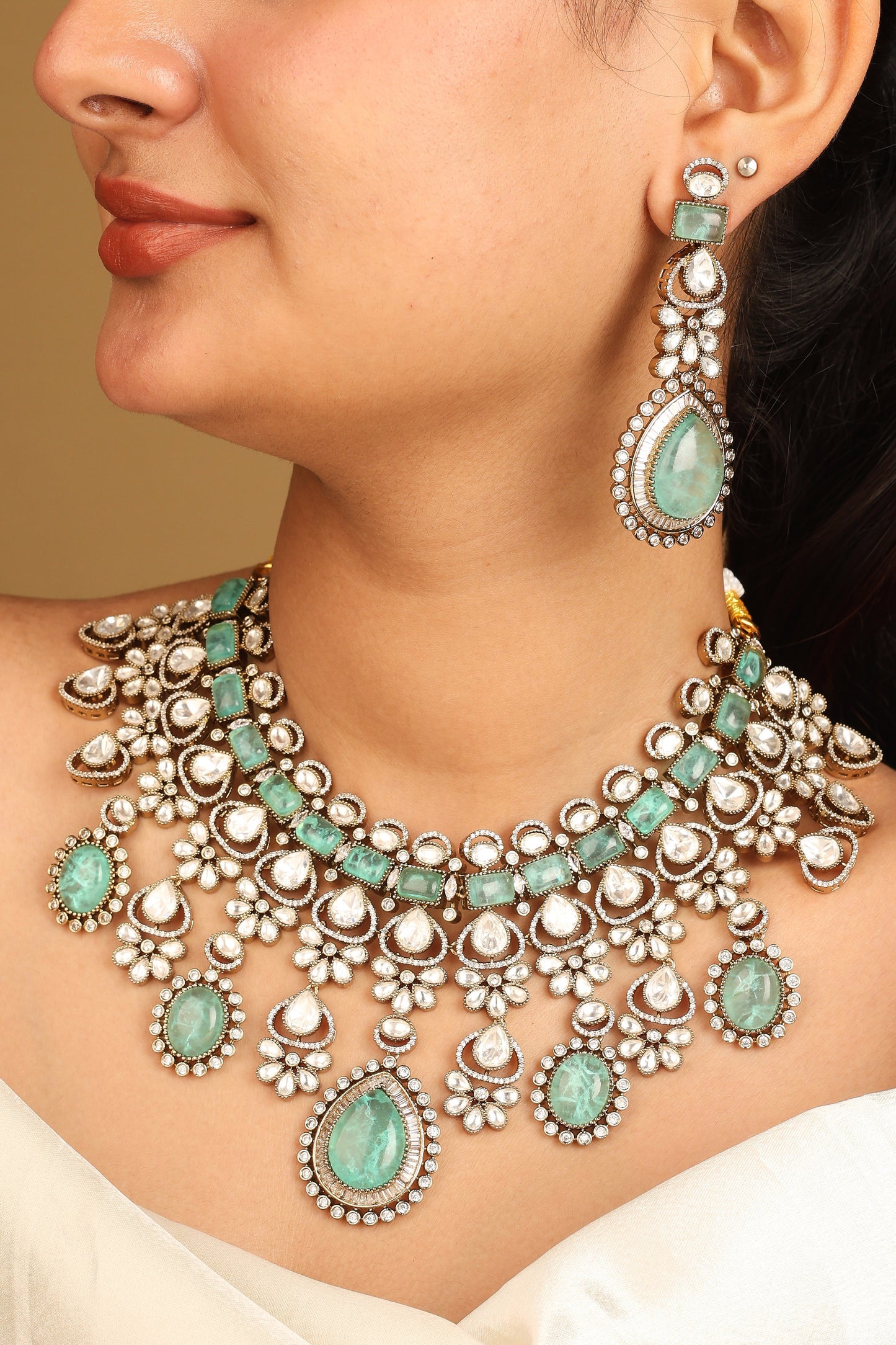 American Diamond Necklace Set with Green Stone Accents