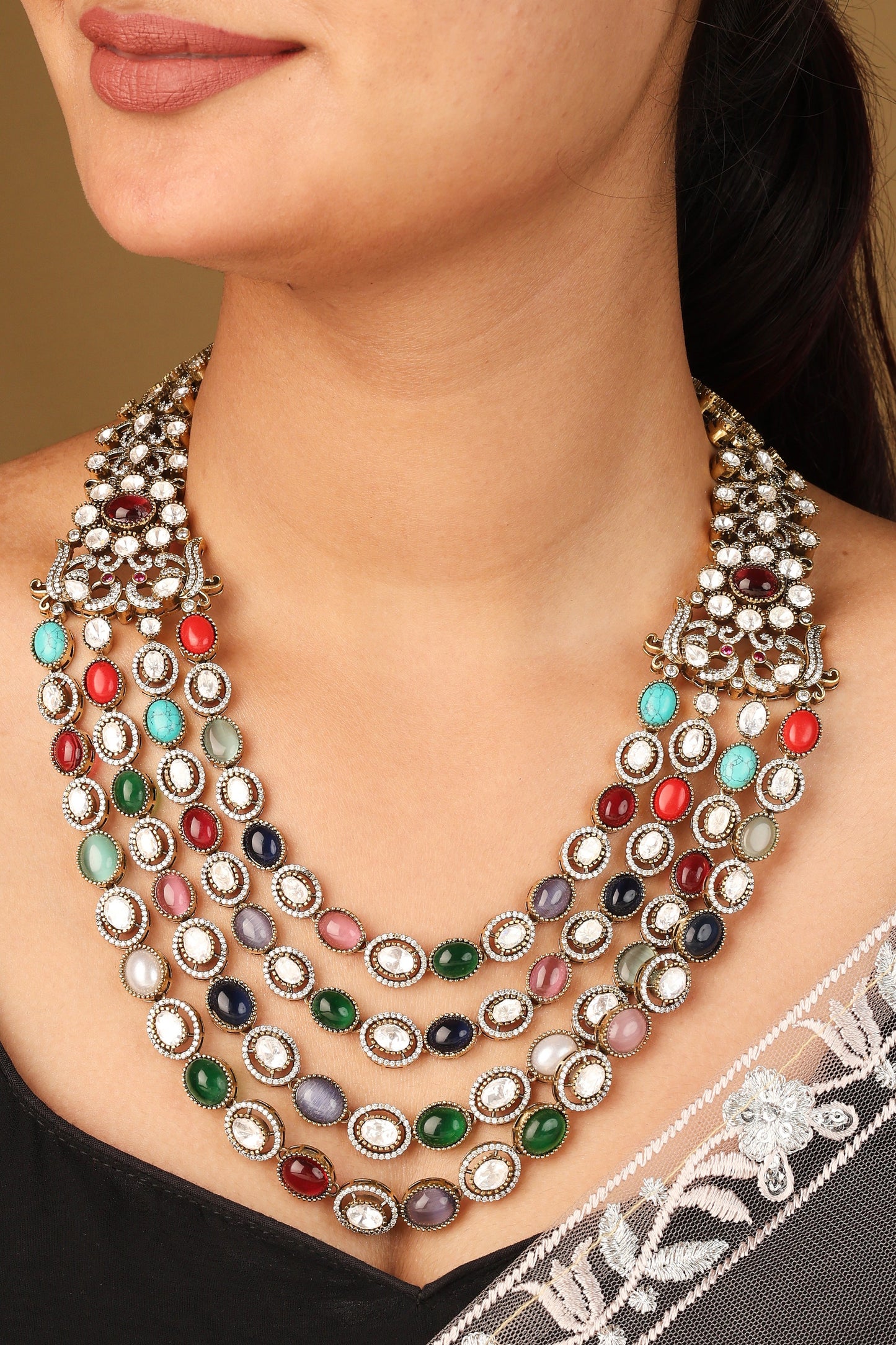 Layered Necklace with Navratan Stones Statement Piece