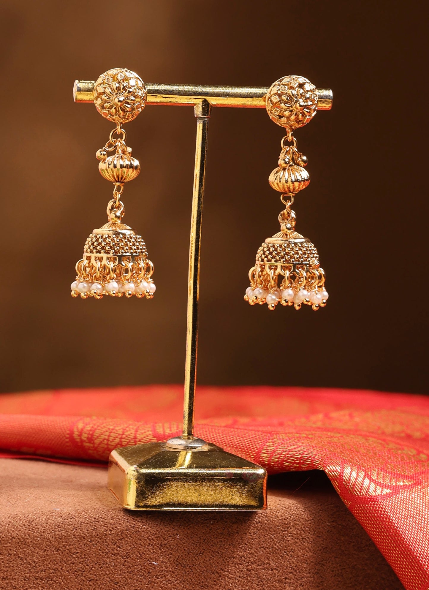 High Gold Necklace Set with Jhumka Style Details and Matching Earrings