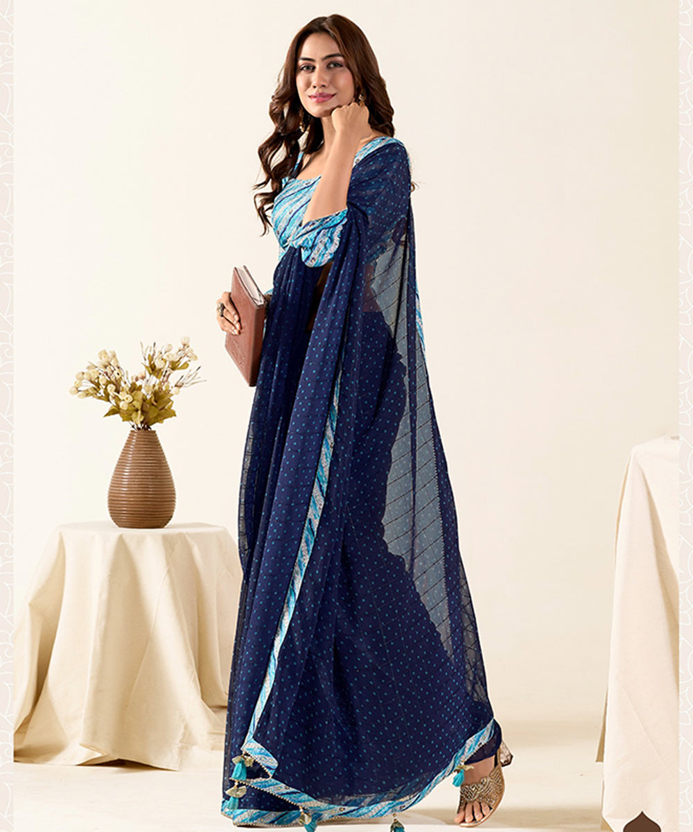 Navy Blue Bandhej Chiffon Saree with Contrast Border