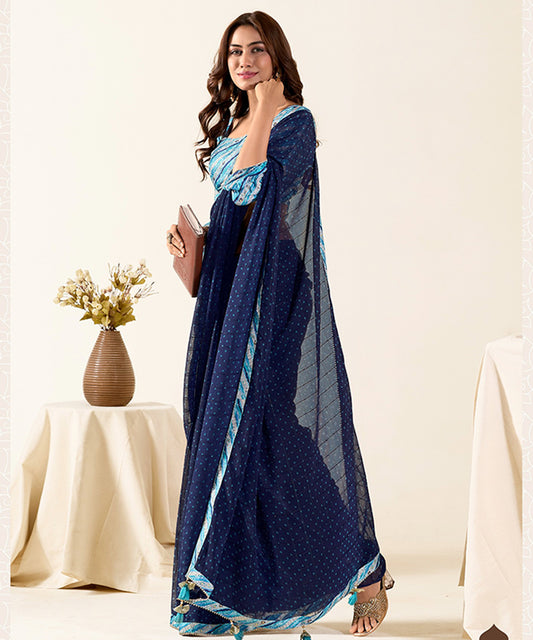 Navy Blue Bandhej Chiffon Saree with Contrast Border