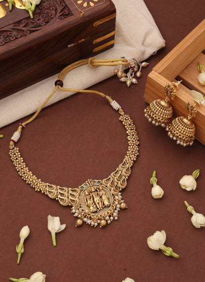 Gold Plated Temple Jewellery Necklace Set with Goddess Motif