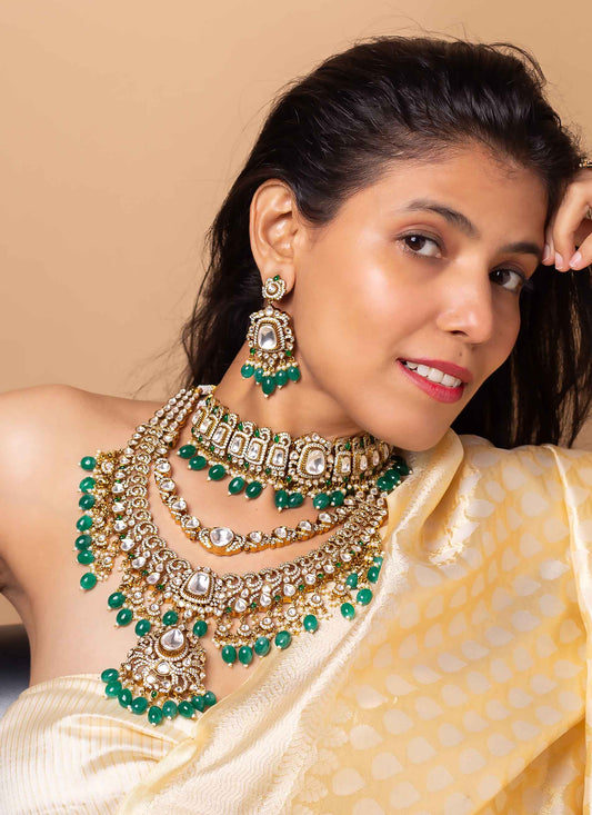 American diamond Kundan necklace set with green bead accents