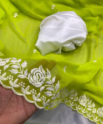 Lime Green Georgette Embroidered Saree