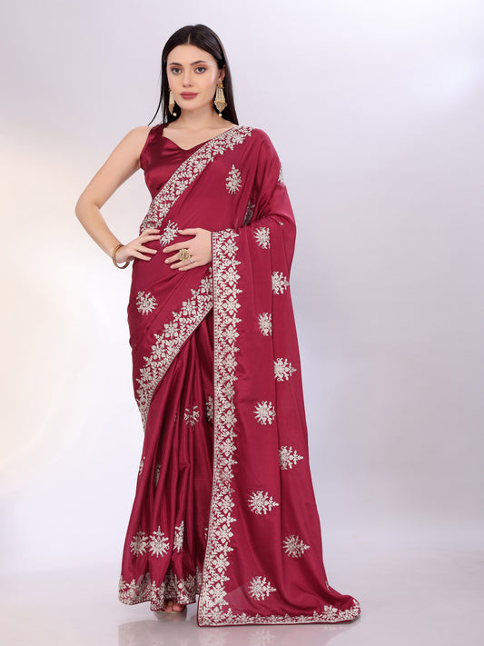 Elegant Maroon Chinon Silk Embroidered Saree with Matching Blouse
