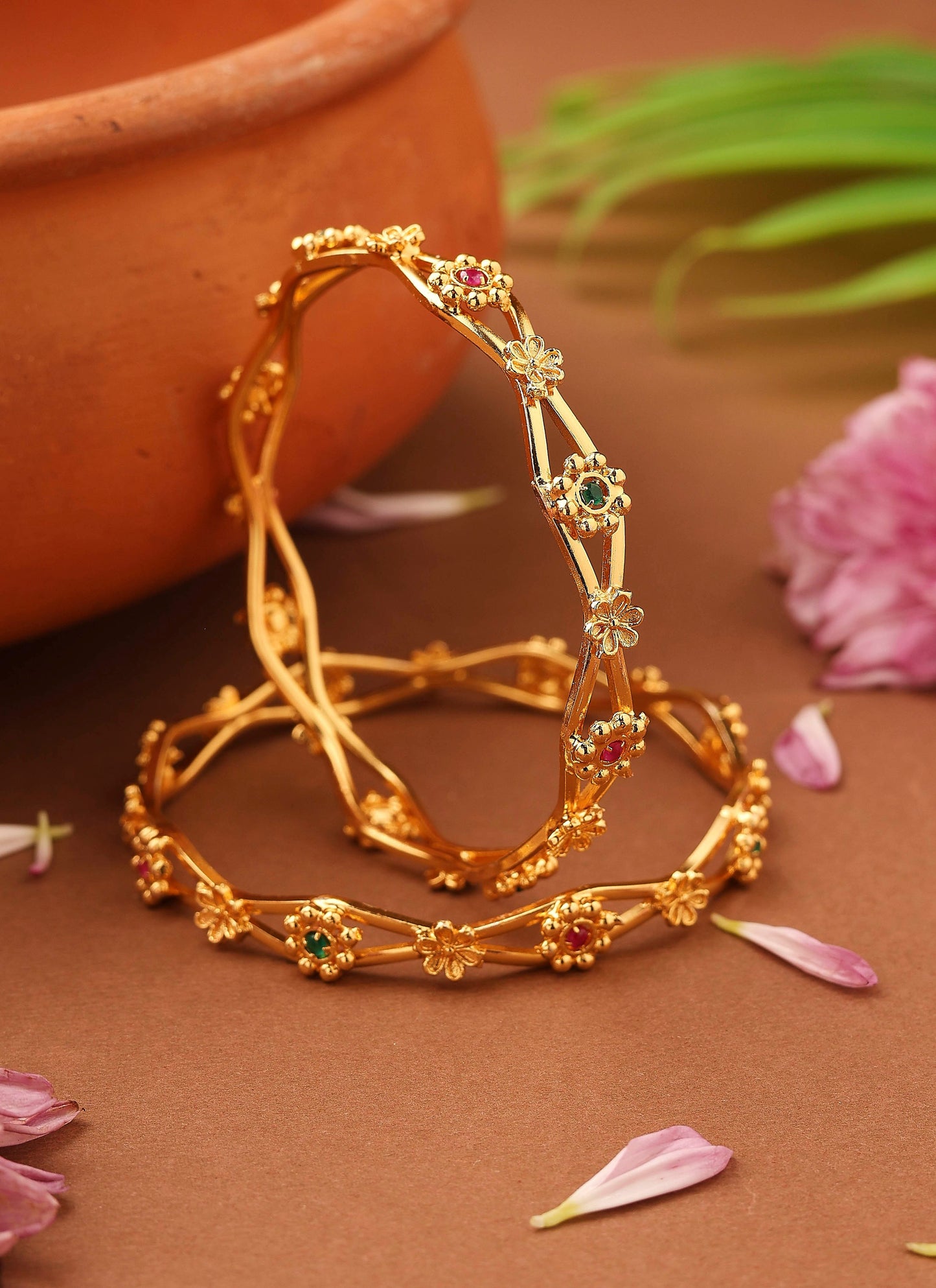 Gold-Plated Flower-Designed Stone-Studded Bangles