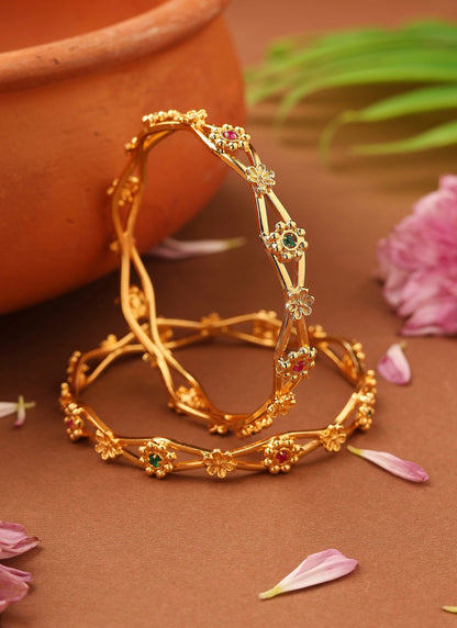 Gold-Plated Flower-Designed Stone-Studded Bangles