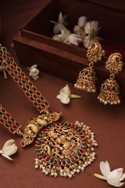 Long Gold Plated Temple Necklace with Laxmi Pendant