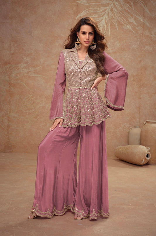 Onion Pink Embroidered Silk Blend Readymade Suit (Short Top)