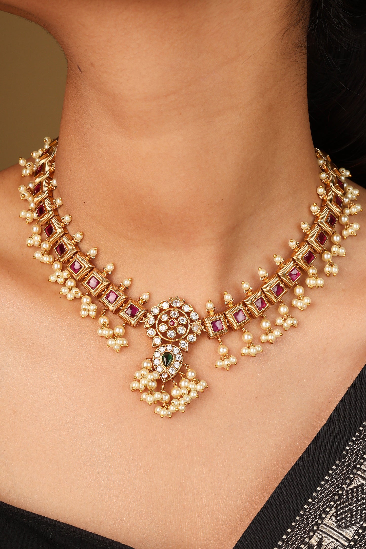 Exquisite Gold Plated Guttapusalu Necklace with Stone Embellishments