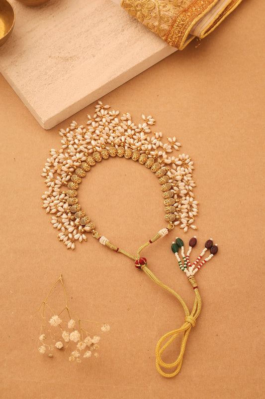 Gold Plated South Indian Style Necklace with Pearl Drops