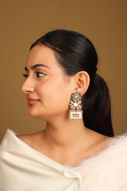 Rectangular Designer Earrings with White and Multicolour Stones