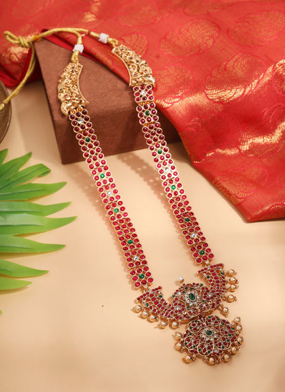 Long Gold Necklace Set with Red and Green Stones