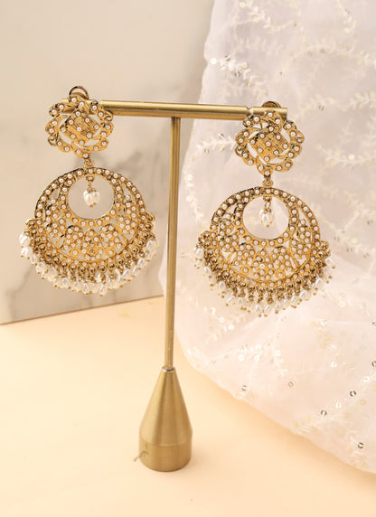 Gold Chandbali Earrings with White Stones and Pearls