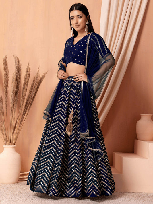 Blue Zari & Sequins Embroidered Georgette Lehenga Choli