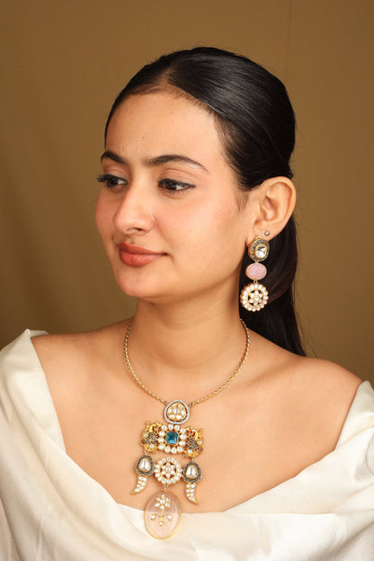 Gold Necklace Set with Stone Studded Pendant and Matching Earrings