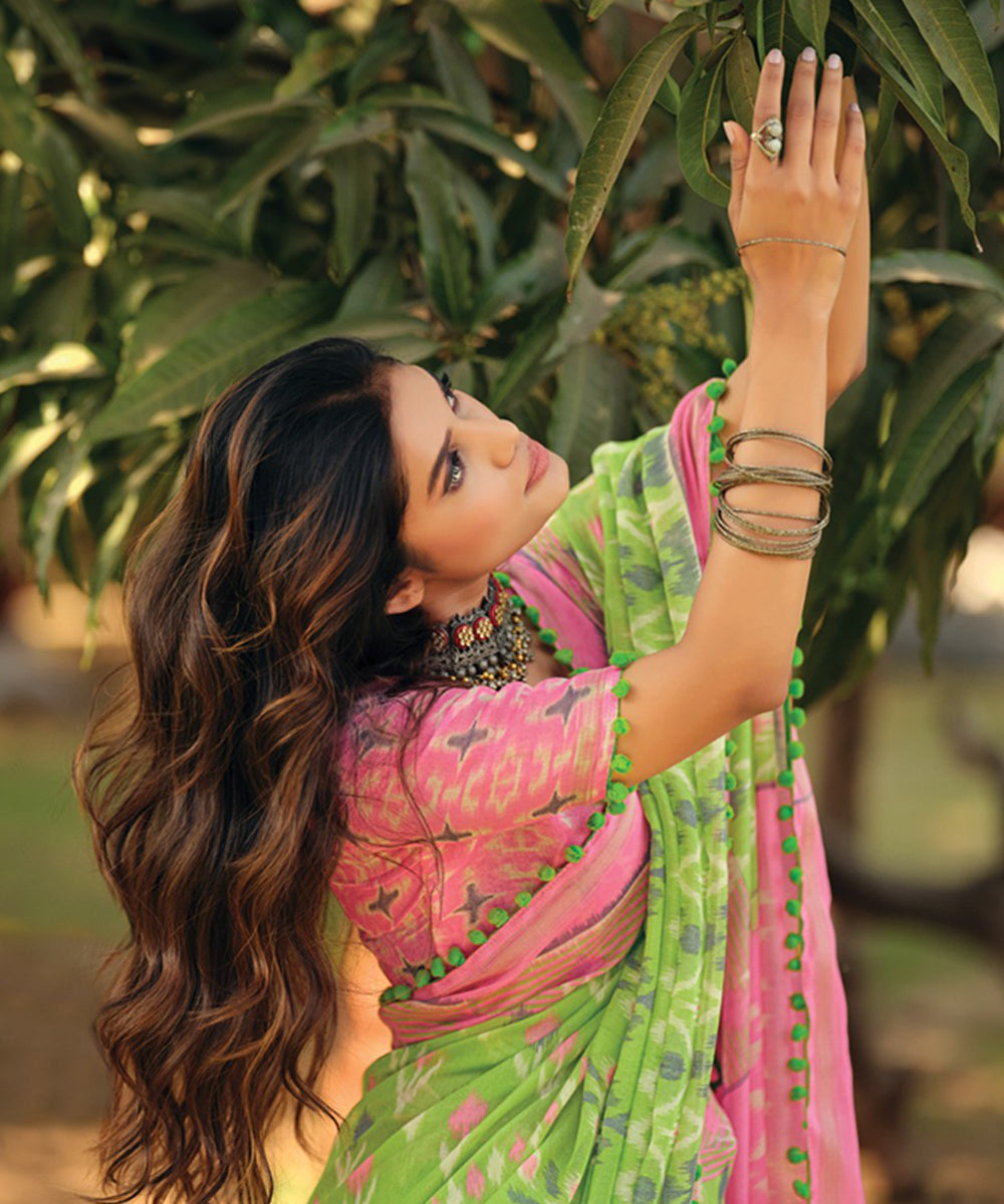 Green and Pink Ikat Print Cotton Saree with Pom-Pom Detailing