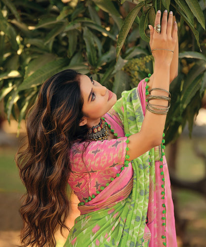Green and Pink Ikat Print Cotton Saree with Pom-Pom Detailing