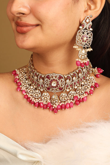 American Diamond Necklace Set with Pink Stones and Beads