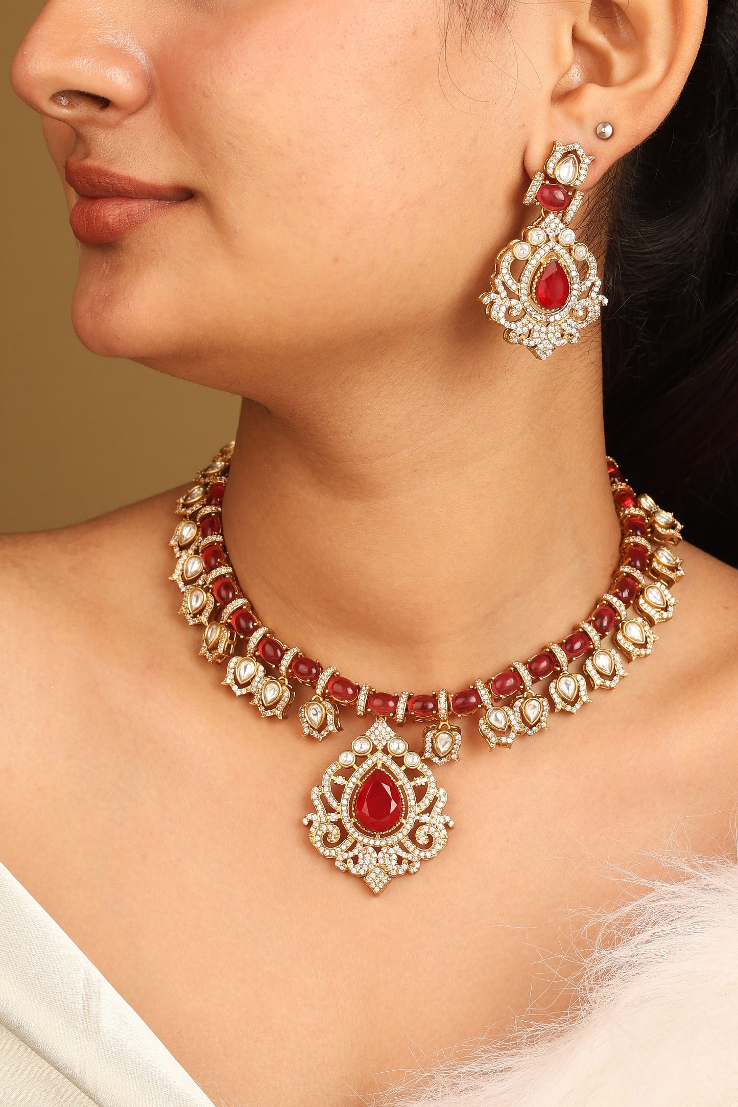 American Diamond Necklace Set with Red Stone Pendant