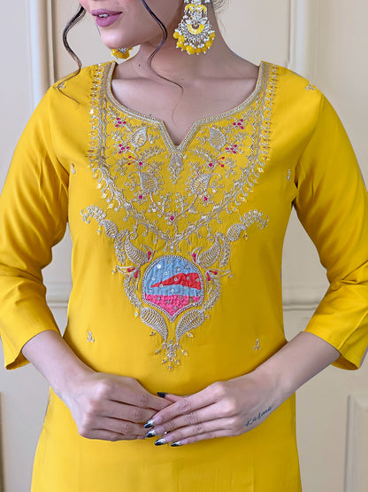 Yellow Embroidered Viscose Fabric Straight Kurta, Pant, and Dupatta Set