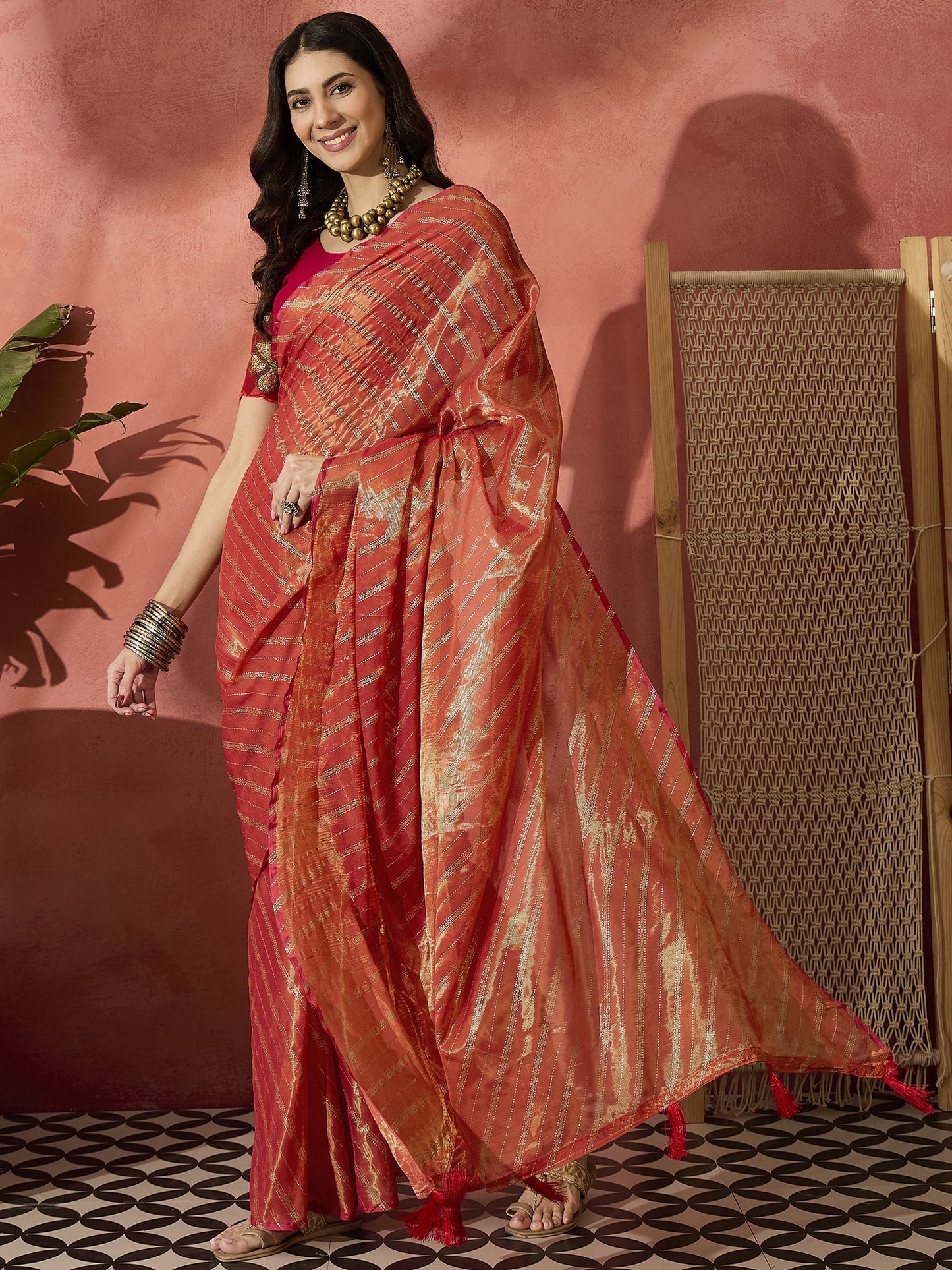 Exquisite Rust Orange Dual-Tone Organza Saree with Sheer Elegance