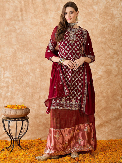 Semi Stitched Pakistani Suit in Maroon Faux Georgette