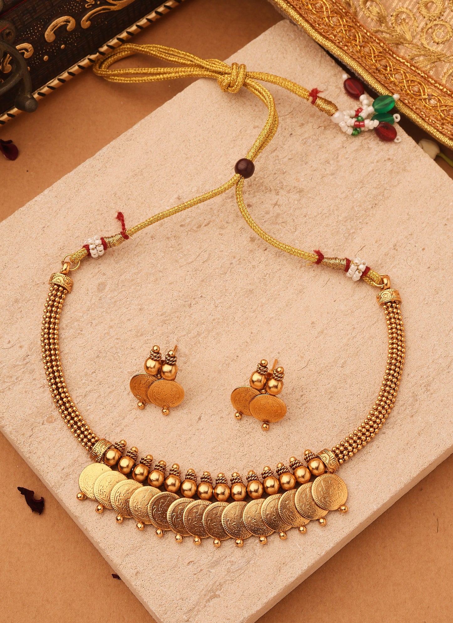 Gold Plated Lakshmi Coin Necklace Set with Matching Jhumki Earrings