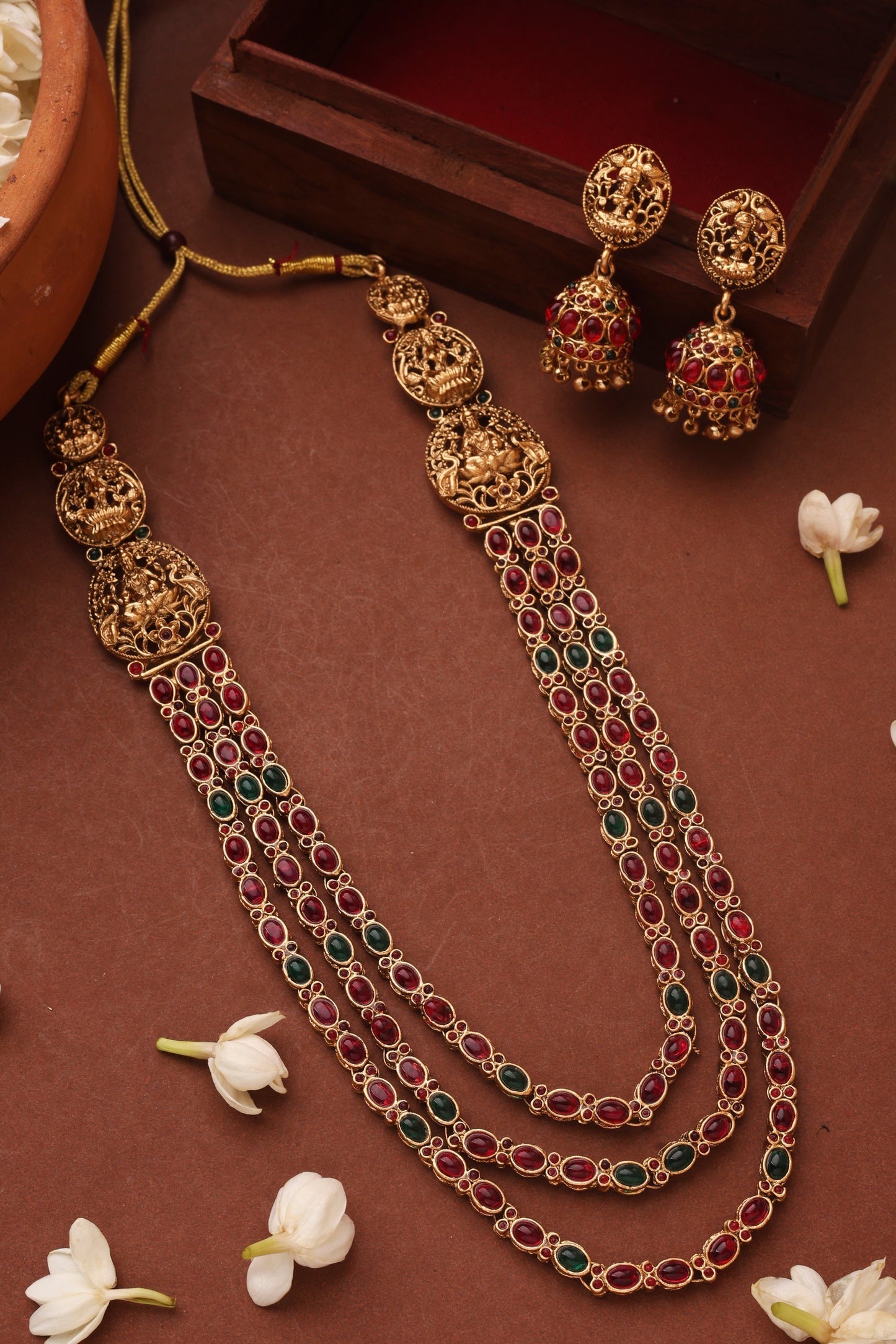 Three Layer Temple Jewellery Necklace Set with Red and Green Stone Studs