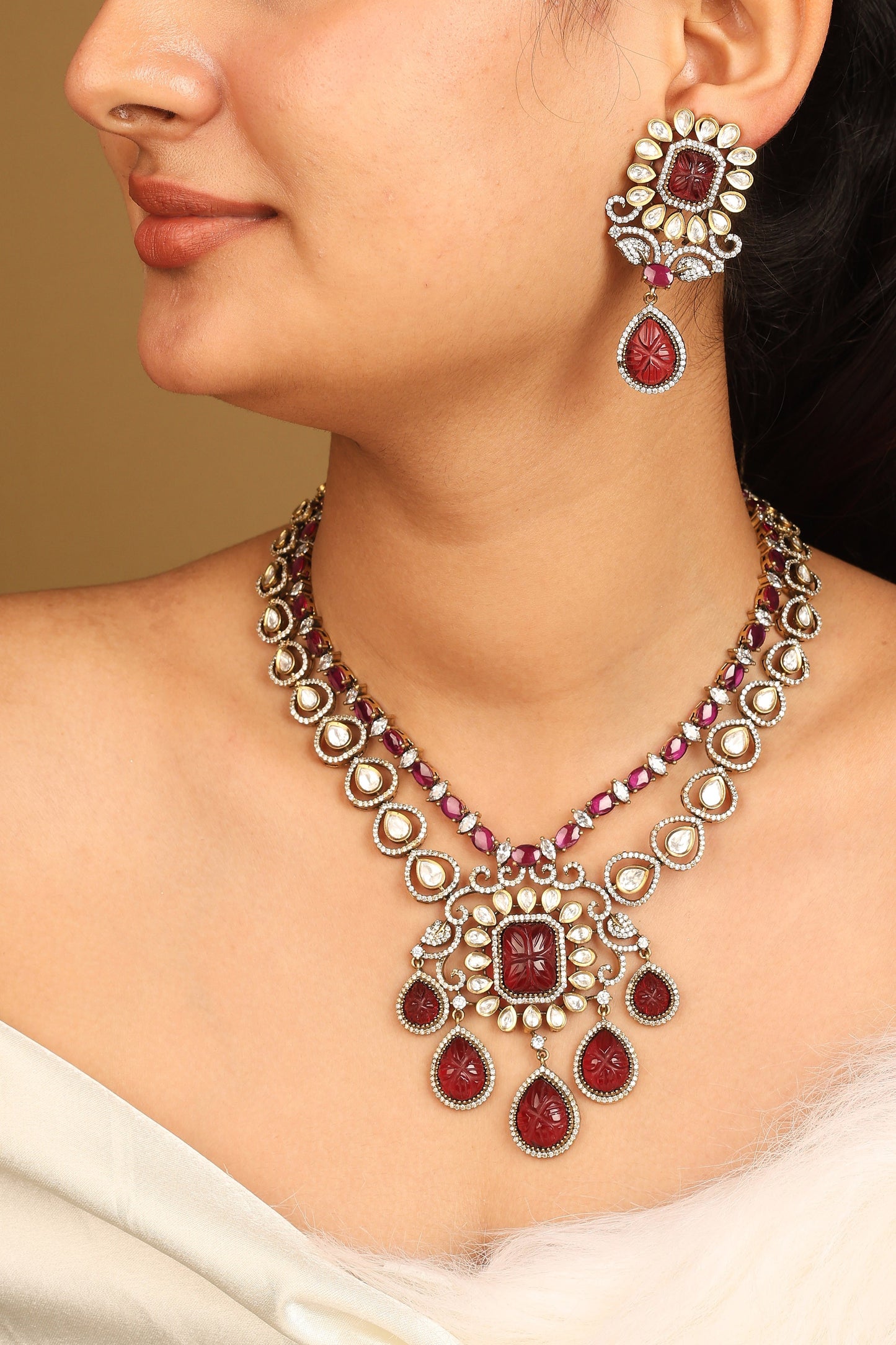 American Diamond Necklace Set with Red Stone Pendant