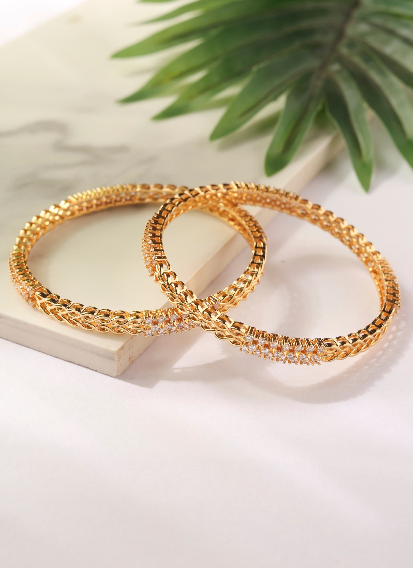 Gold Bangles with American Diamond Center Detailing - Set of two