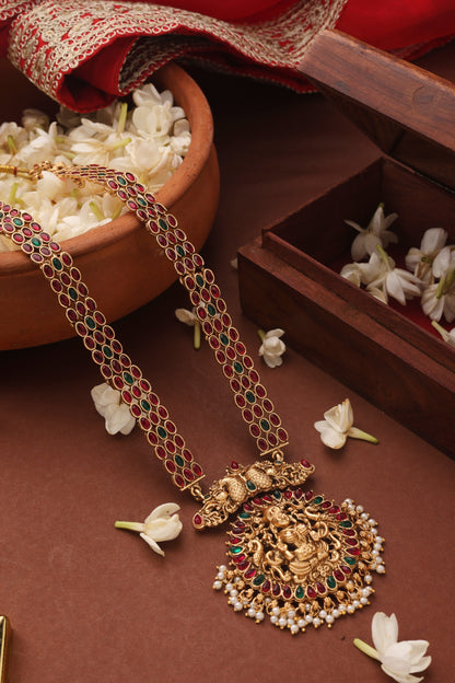 Long Gold Plated Temple Necklace with Laxmi Pendant