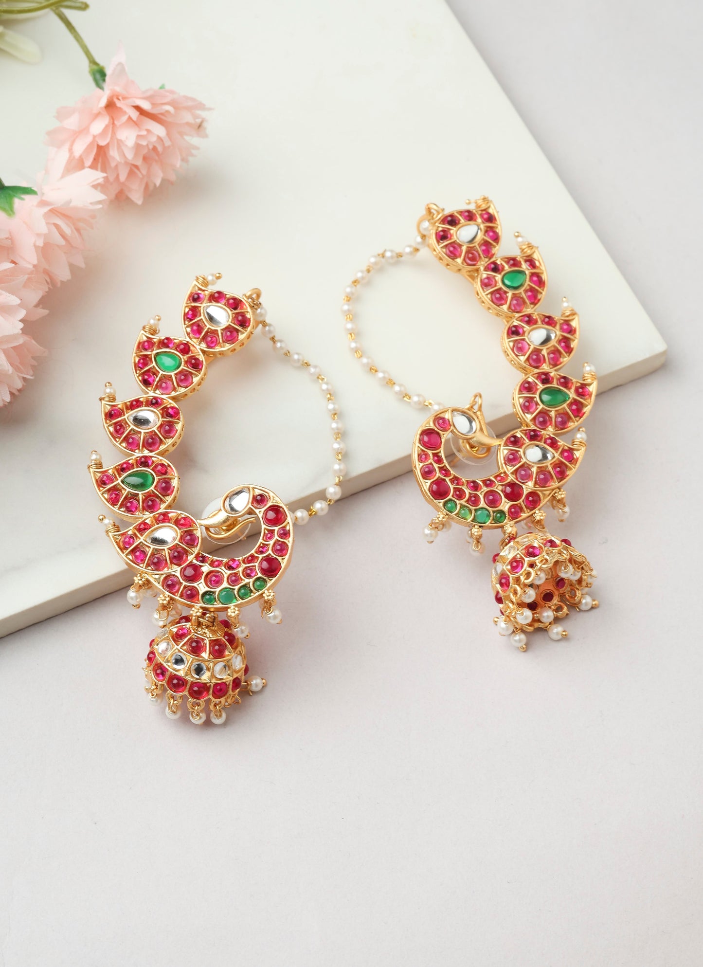 Peacock Earrings with Red Stones and Jhumka Attachments