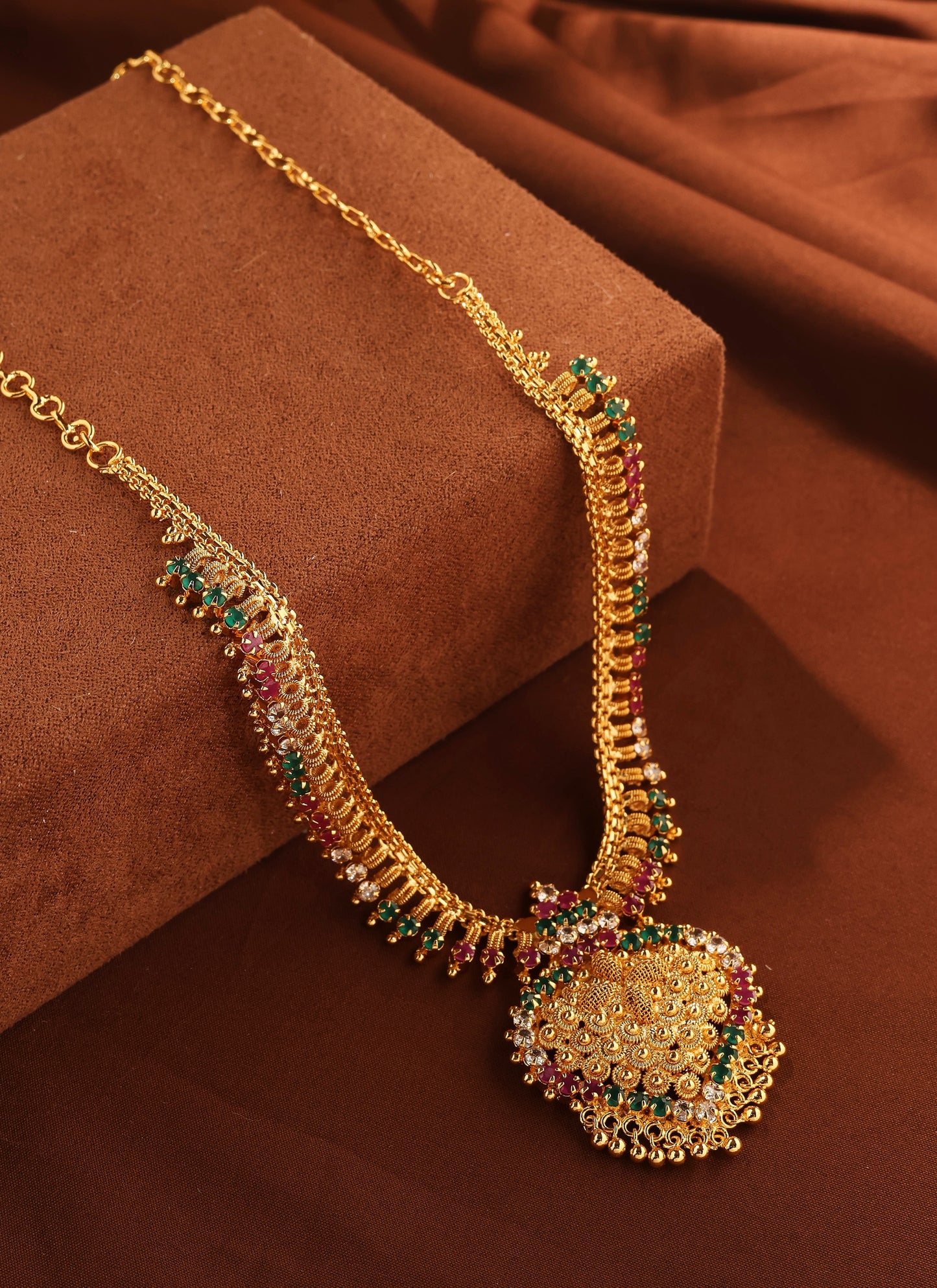 Gold Necklace with Multi Colour Stones and Center Pendant