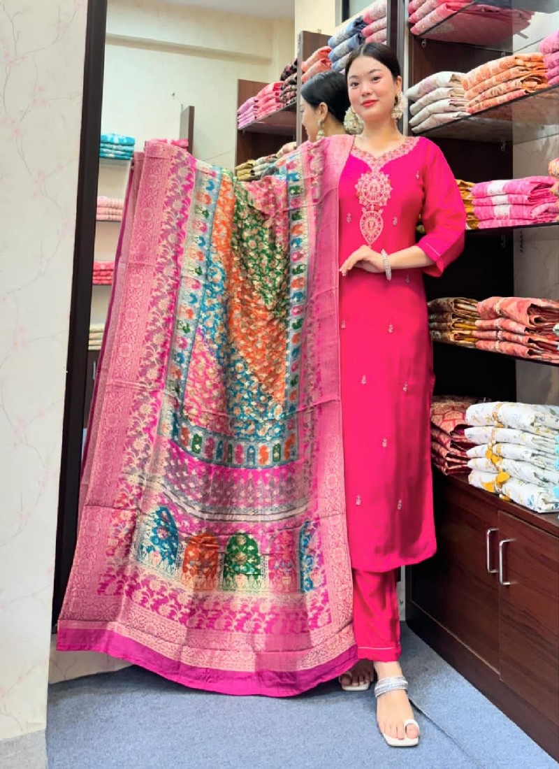 Pink Silk Embroidered Kurta with Pant & Dupatta