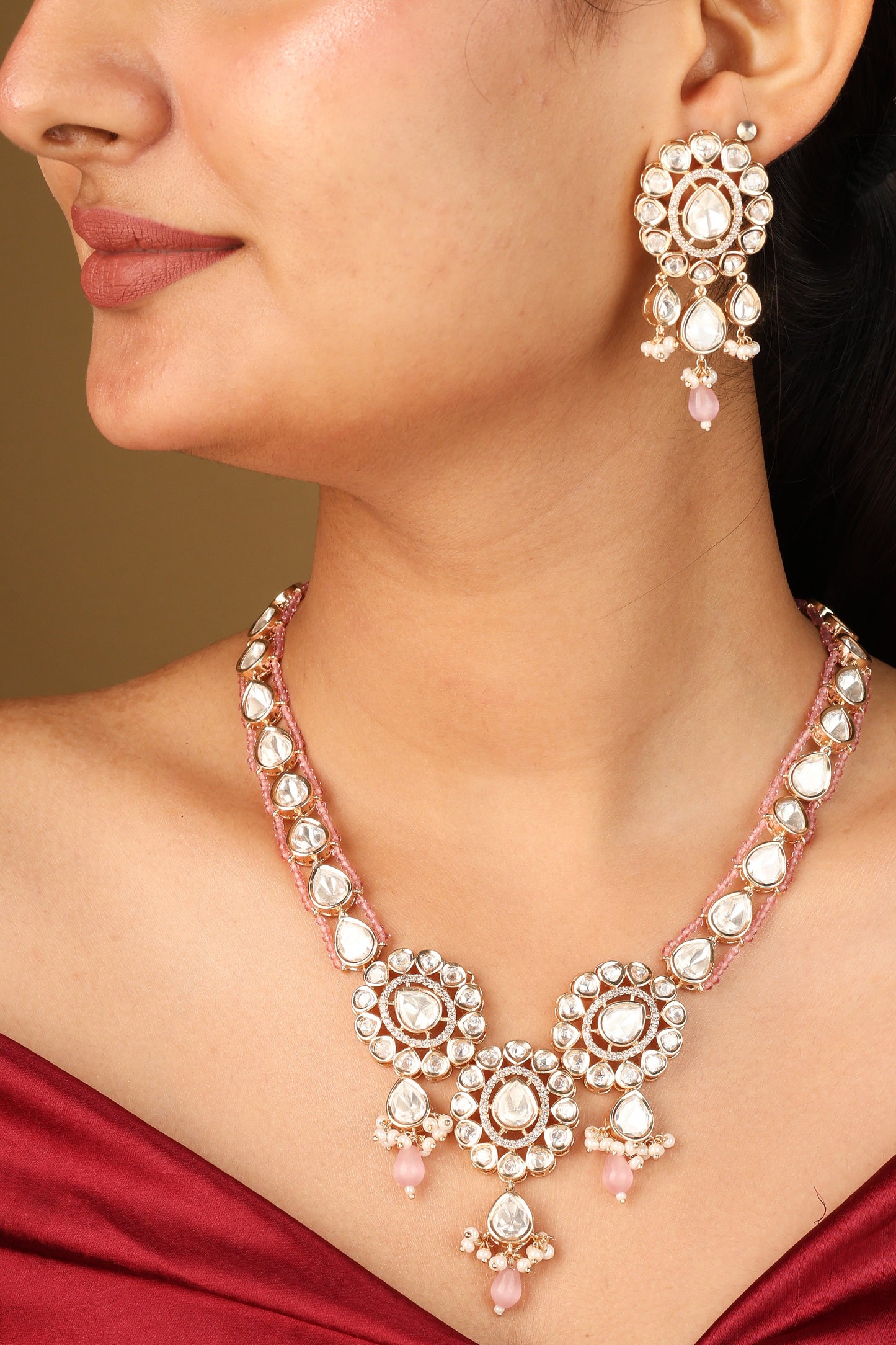 Uncut Kundan Necklace with Pink Pearls